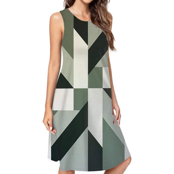 Geometric Art Black Gray Green Casual Sleeveless Loose Sundress Dress For Women Summer Dress Daily Woman