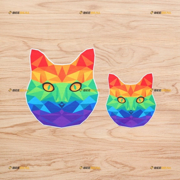 Geometric Art Cat Face LGBT Gay Pride Rainbow Vinyl Decal Sticker - 2 Pack Reflective, 4 Inches, 6 Inches - for Car Boat Laptop Cup