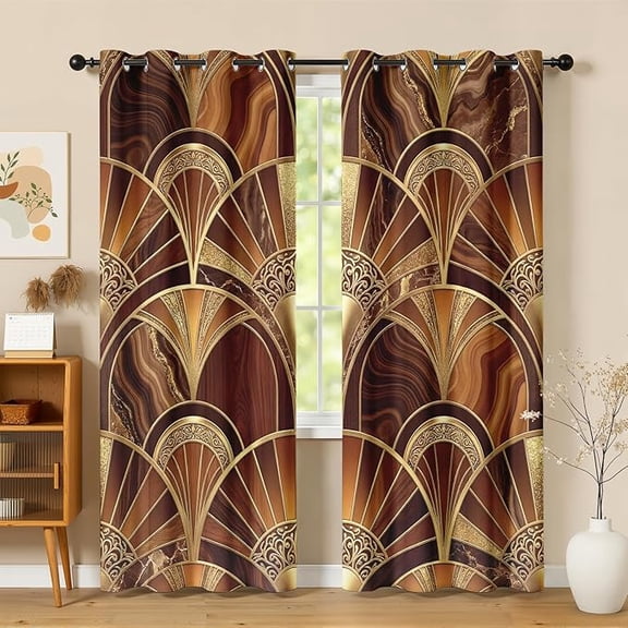 Geometric Art Deco Curtain, Marble Brown and Gold Patterned Blackout Curtains for Bedroom Living Room Decor, Room Darkening Thermal Insulated Grommet Drapes 42"W x 84"L (Pack of 2)