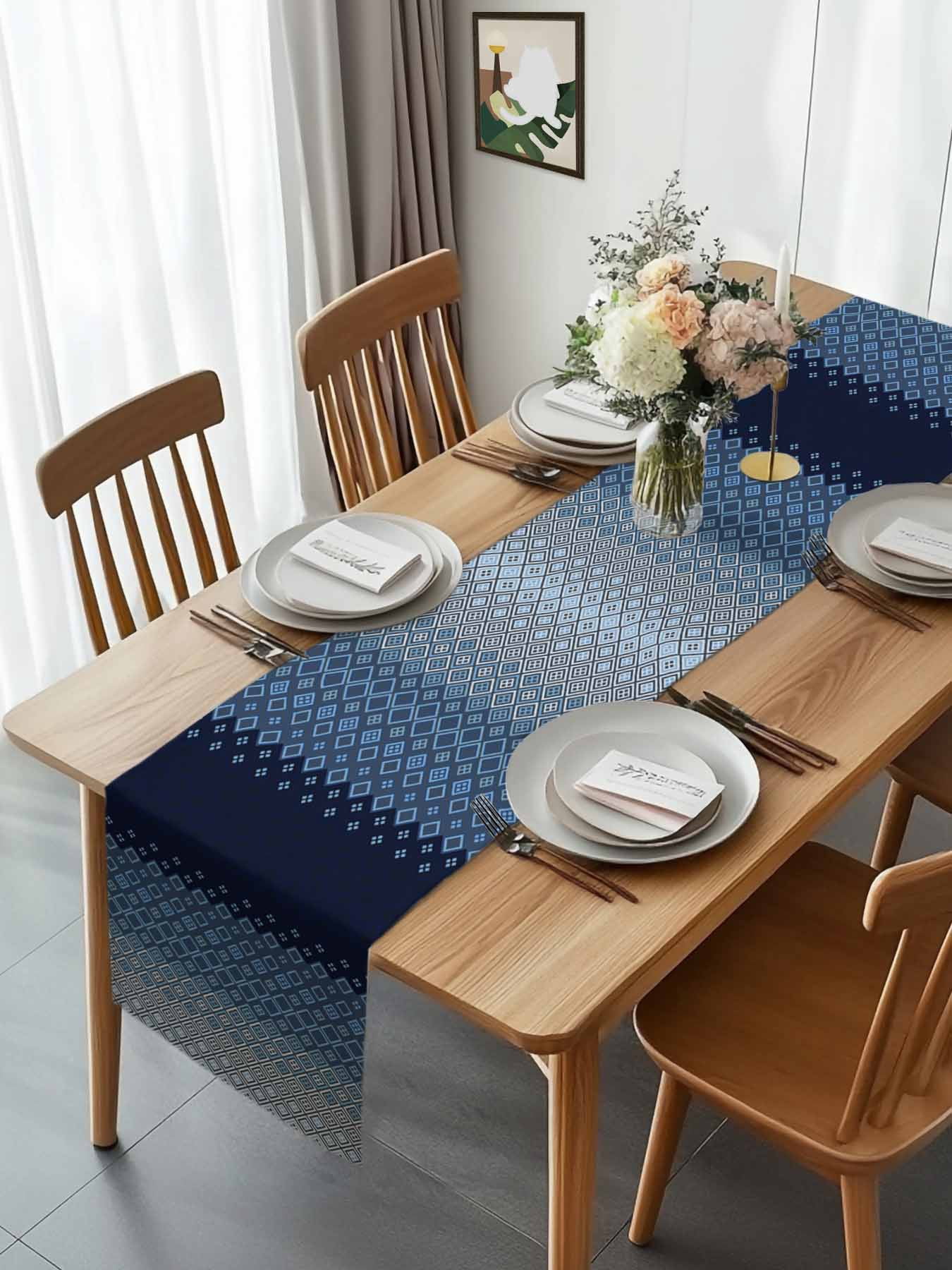 Geometric Art Diamond Checker Table Runner 90 Inches Long, Modern Blue Ombre Gradient Table Runners Tabletop Scarf Kitchen Dining Tables Decoration for Home Party Indoor Outdoor