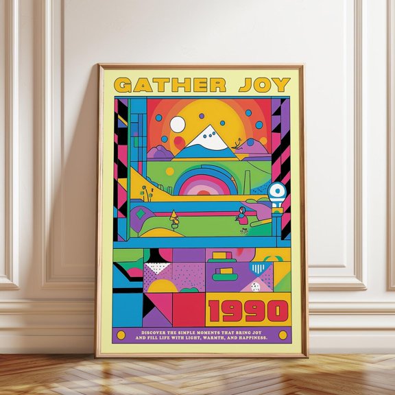 Geometric Art Retro 1990s Abstract Mountain Landscape, Unframed Canvas 12x16in