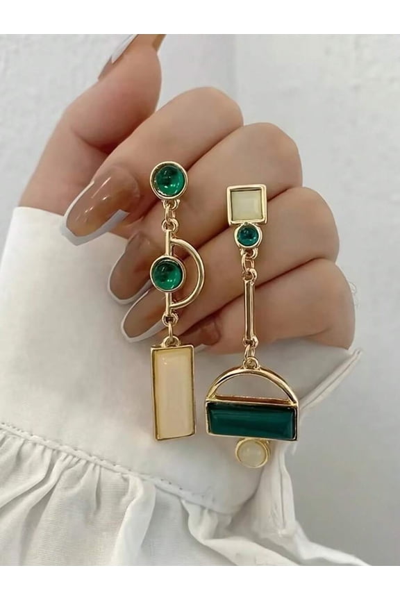 Geometric Asymmetrical Dangle Earrings In Green And Cream Resin With Goldtone Metal