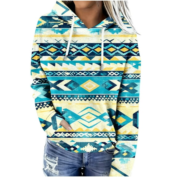 Geometric Aztec Hoodies for Women Pullover Cowgirl Western Vintage Ethnic Long Sleeve Loose Hooded Sweatshirt Tops