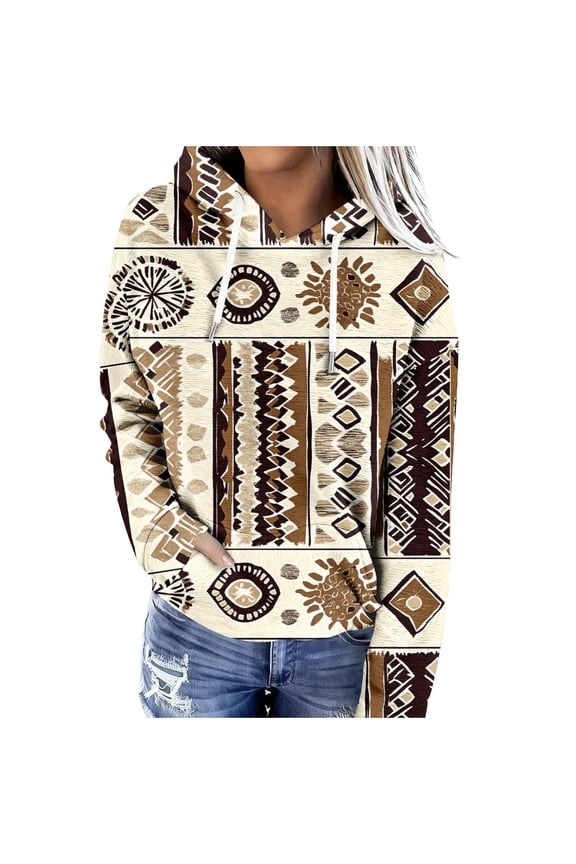 Geometric Aztec Hoodies for Women Pullover Cowgirl Western Vintage Ethnic Long Sleeve Loose Hooded Sweatshirt Tops