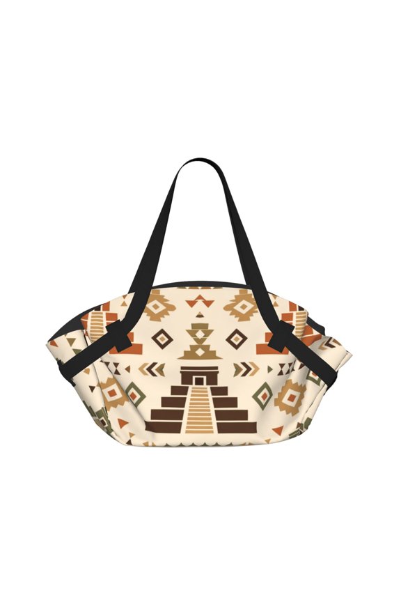Geometric Aztec Style Home Decor Pattern 2-in-1 Foldable Picnic Blanket Tote Bag Shoulder Handbag, Large Circular Outdoor Mat for Beach Camping Park
