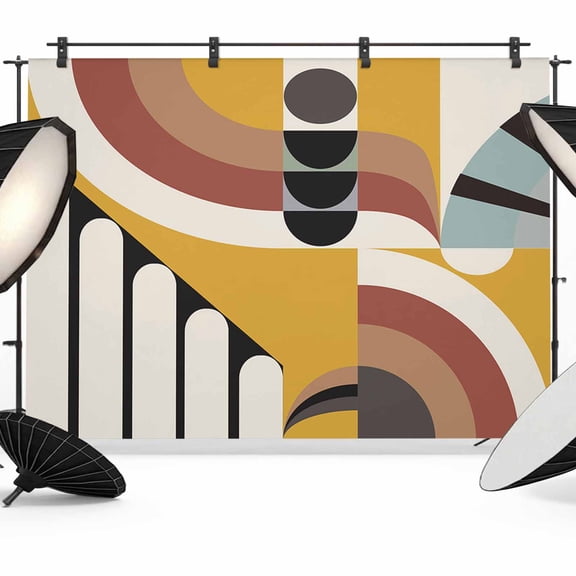 Geometric,Backdrop for Photoshoot,Photography Photo Studio Background Wall Backdrop,Abstract Black Middle Century Boho Yellow Red Stripes Back Drop Banner Panel for Portraits Wedding Party 12x8Ft