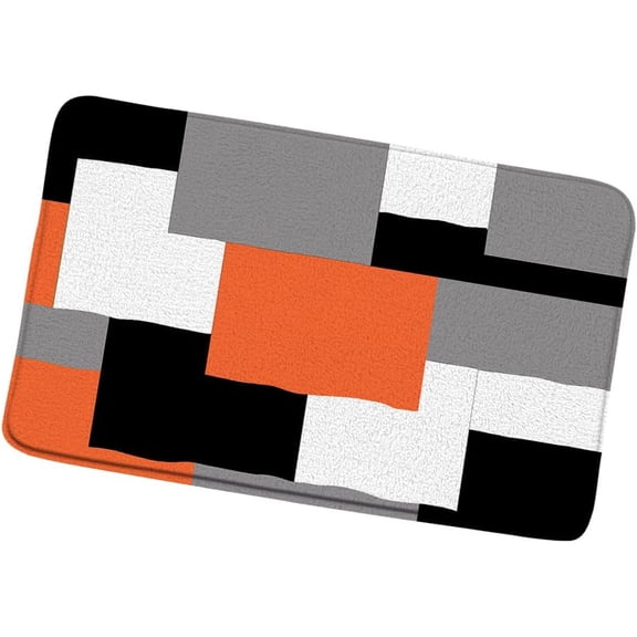 Geometric Bath Mat Abstract Geometry Squares Pattern Orange Black Gray White Microfiber Memory Foam Modern Fashion Bathroom Shower Mat Kitchen Rug 20x31 in