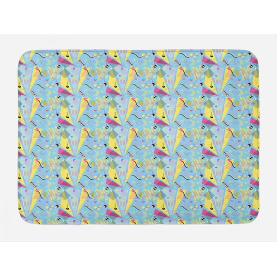 Geometric Bath Mat, Memphis Inspired Abstract Retro 80's Doodle Hipster, Plush Bathroom Decor Mat with Non Slip Backing, 29.5" X 17.5", Sky Blue Multicolor, by Ambesonne