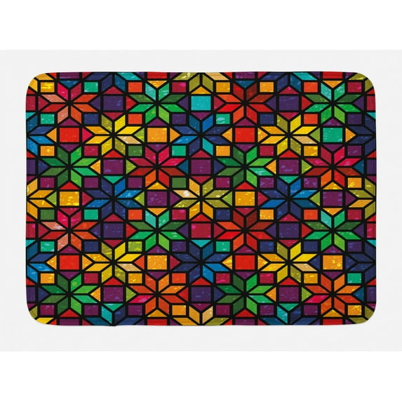 Geometric Bath Mat, Windows Glass Inspired Rainbow Colored Image with Flowers Like Artwork Print, Non-Slip Plush Mat Bathroom Kitchen Laundry Room Decor, 29.5 X 17.5 Inches, Multicolor, Ambesonne