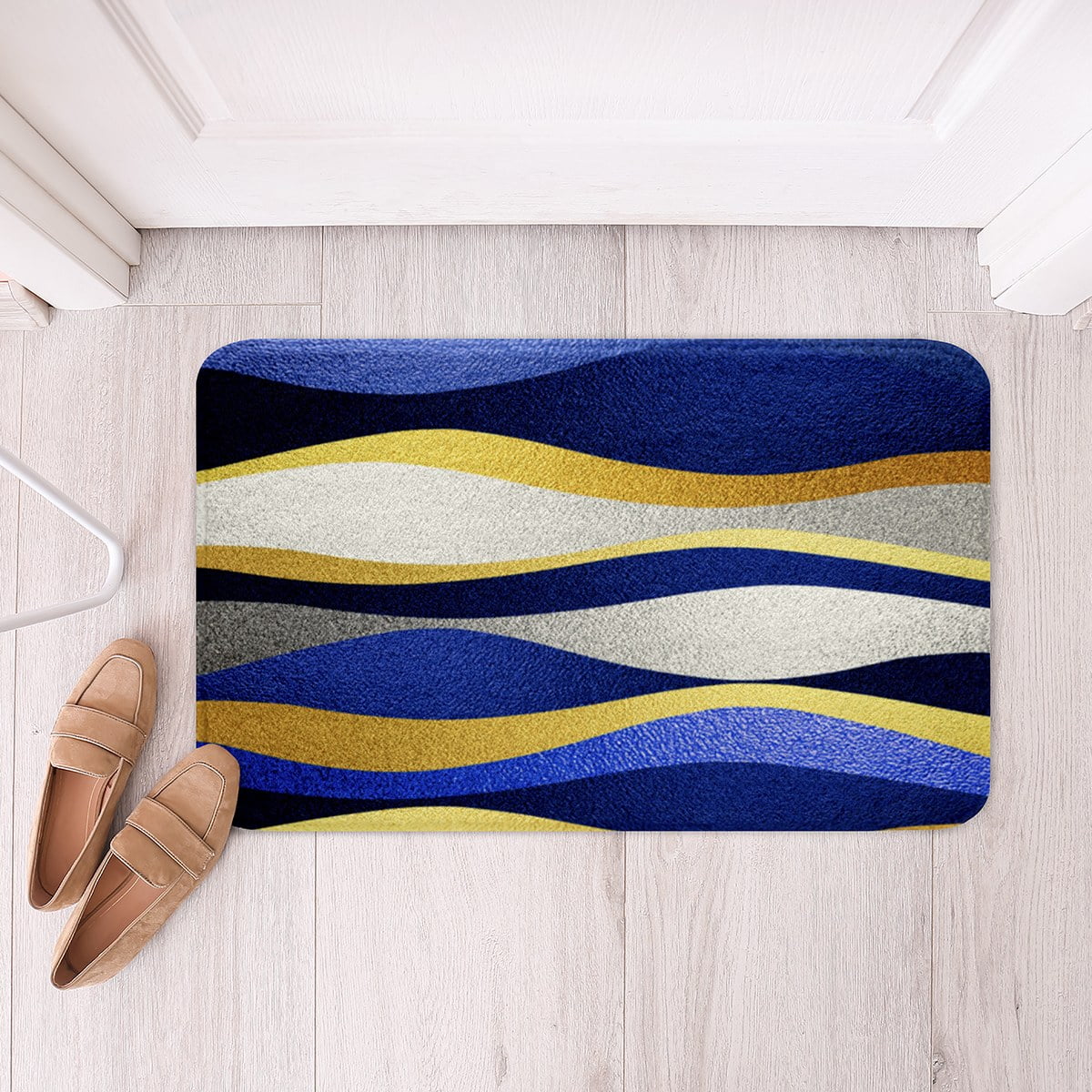Geometric Bathroom Rugs Navy Blue Yellow Gold Stripes Abstract Art Bath Rugs for Boys Girls Teen