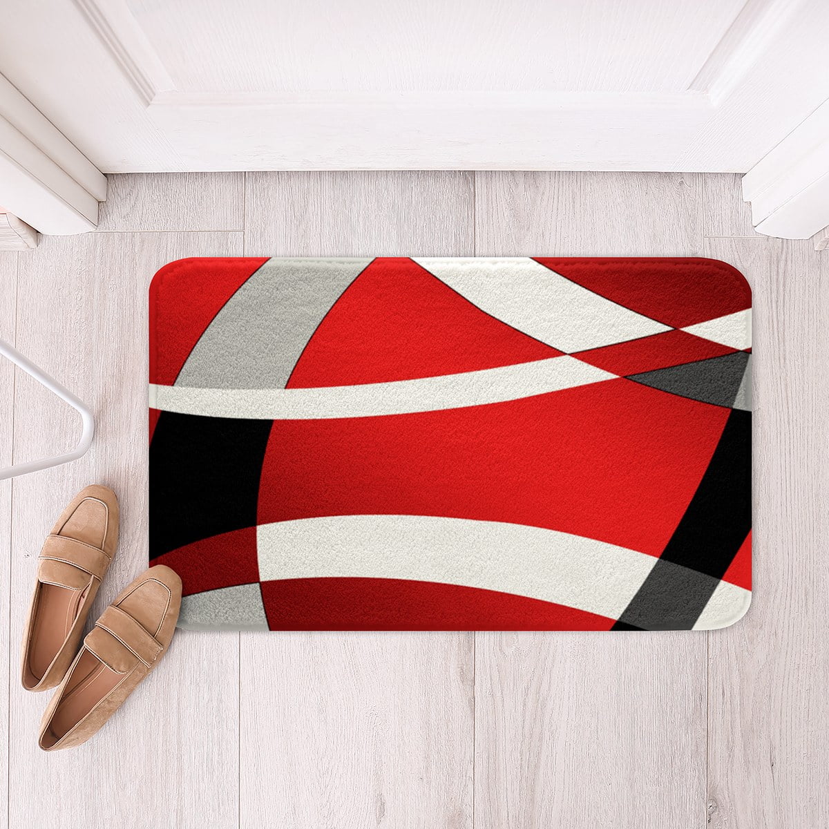 Geometric Bathroom Rugs Red Black White Grey Bold Stripe Abstract Bath