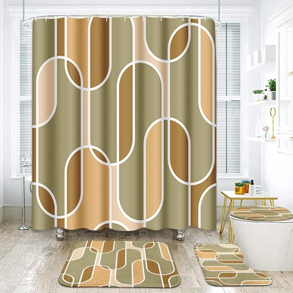 Geometric Bathroom Set with Shower Curtain set and Rugs Accessories, Circles Dot Polka Vintage Modern Shower Curtain for Bathroom, Orange Bathroom Decor 4 Pcs