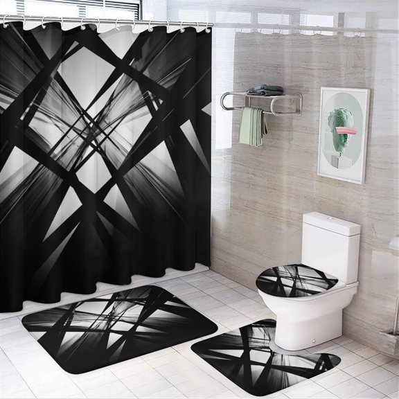 Geometric Bathroom Sets with Shower Curtain And Rugs, Incl with 12 Hooks,Toilet Lid Oval Rug