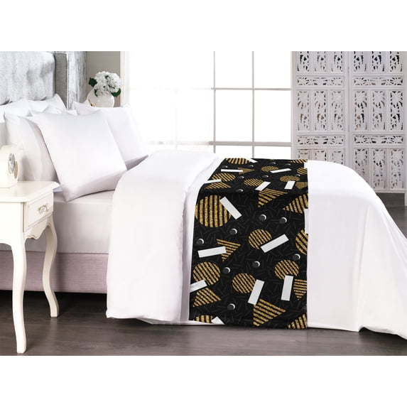 Geometric Bed Runner, 90s Style Pattern of Continuous Circles Triangles Rectangles Memphis, Decorative Accent Bedding Scarf for Hotels Homes & Guest Rooms, Queen, Charcoal Grey Mustard, by Ambesonne