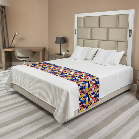 Geometric Bed Runner, Colorful Abstract Circles Formed of Curved Stripes in Continuous Pattern, Decorative Accent Bedding Scarf for Hotels Homes and Guestrooms, Queen, Multicolor, by Ambesonne
