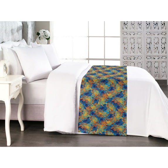 Geometric Bed Runner, Grunge Style Illustrated Abstract Shape Patterns With Stripes Print, Decorative Accent Bedding Scarf for Hotels Homes & Guest Rooms, Queen, Marigold and Sky Blue, by Ambesonne