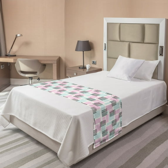 Geometric Bed Runner, Horizontal and Vertical Stripes with Rectangles Vaporwave Colors, Decorative Accent Bedding Scarf for Hotels Homes and Guestrooms, Twin, Pale Pink Pale Blue, by Ambesonne