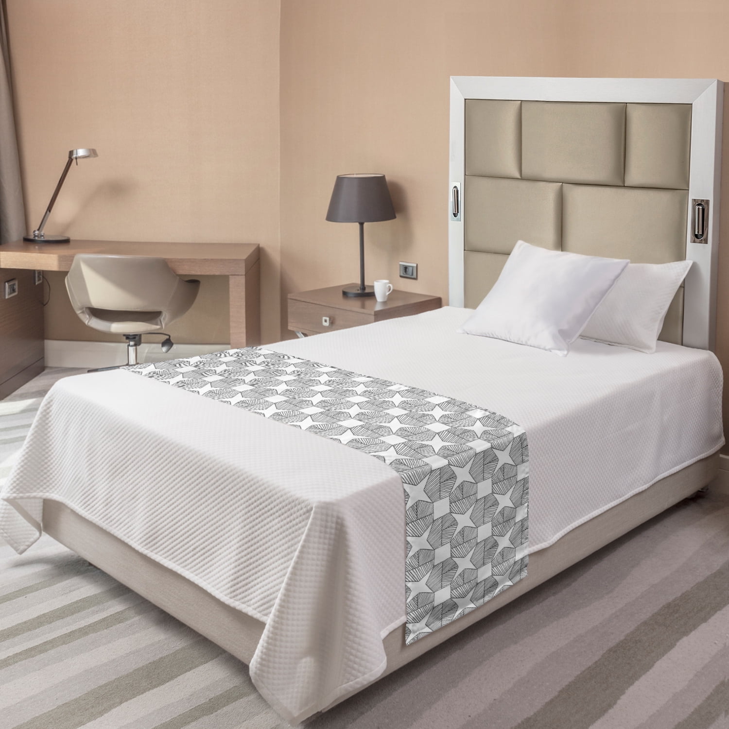 Twin White Geometric Polyester Satin Bed Runner Set