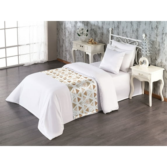 Geometric Bed Runner, Minimalist Digital Drawn Triangle Shapes Contemporary Soft Colors, Decorative Accent Bedding Scarf for Hotels Homes & Guest Rooms, Twin, Almond Pastel Brown White, by Ambesonne