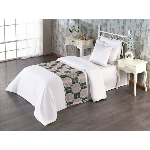 Geometric Bed Runner, Modern Style Designed Square Pattern With Golden Tone Stripes Print, Decorative Accent Bedding Scarf for Hotels Homes & Guest Rooms, Twin, Charcoal Grey Pale Grey, by Ambesonne