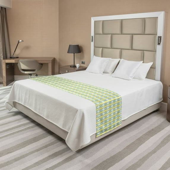 Geometric Bed Runner, Modernistic Continuous Pattern with Pastel Tone Octagons and Squares, Decorative Accent Bedding Scarf for Hotels Homes and Guestrooms, King, Yellow and Pale Green, by Ambesonne