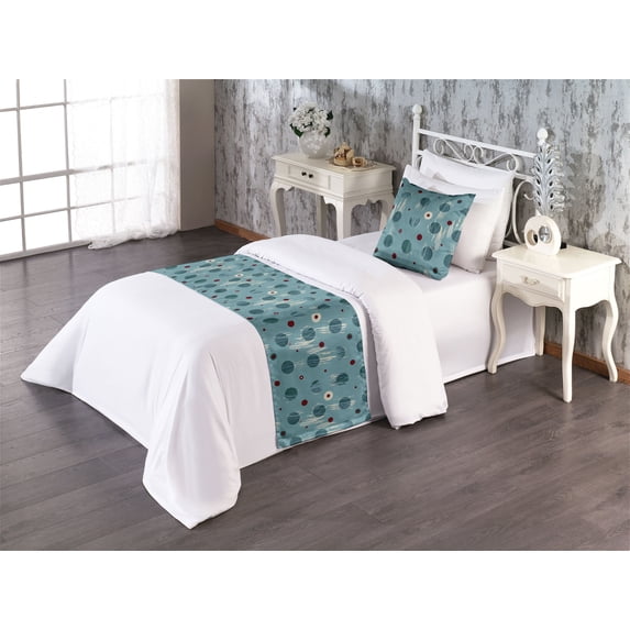 Geometric Bed Runner Set, Abstract Art Modern Round Dots and Spots with Grunge Ornaments Print, Decorative Bedding Scarf & a Pillow Sham for Hotels Homes, Twin, Cadet Blue and Burgundy, by Ambesonne