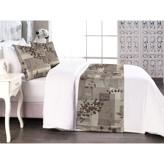 Geometric Bed Runner Set, Illustrated Floral Pattern on Weathered Back With Tetragonal Shapes, Decorative Bedding Scarf & 2 Pillow Shams for Hotels Homes, Queen, Cocoa Dark Cocoa Beige, by Ambesonne