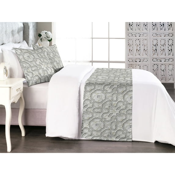 Geometric Bed Runner Set, Stone Look Abstract Print of Historical Shapes from Past Times, Decorative Bedding Scarf & 2 Pillow Shams for Hotels Homes, Queen, Coconut Pale Grey and Ivory, by Ambesonne