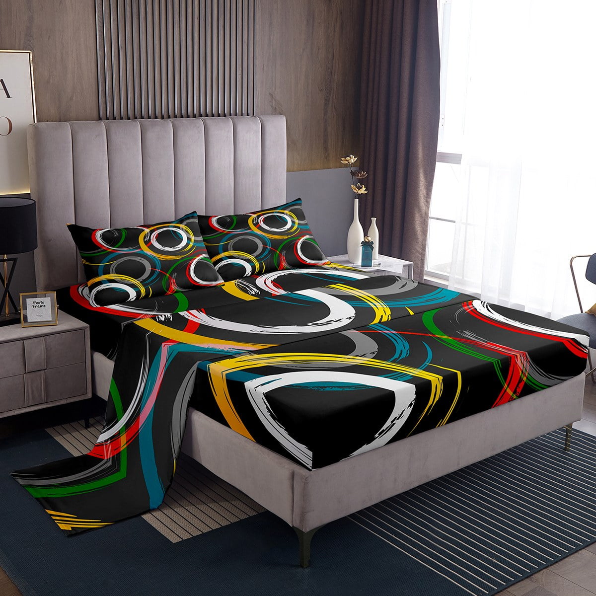 Geometric Bed Sheets Set for Kids Boys Girls,Mid Century Swirl Circle