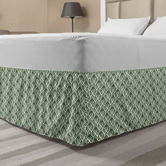 Geometric Bed Skirt, Abstract Rhombuses and Stripes Monochrome Composition Vintage Inspirations, Elastic Bedskirt Dust Ruffle Wrap Around for Bedding Decor, 4 Sizes, Pale Sage Green, by Ambesonne