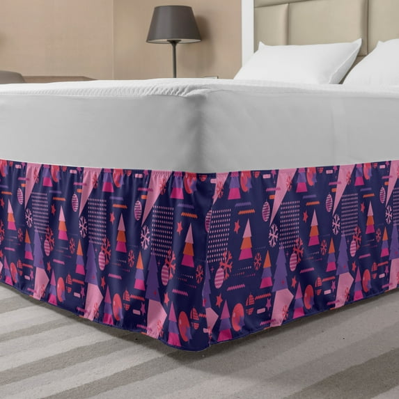 Geometric Bed Skirt, Christmas Themed Polka Dots Stars Snowflakes Triangles and Zigzags, Elastic Bedskirt Dust Ruffle Wrap Around for Bedding Decor, 4 Sizes, Dark Indigo Coral Pink, by Ambesonne