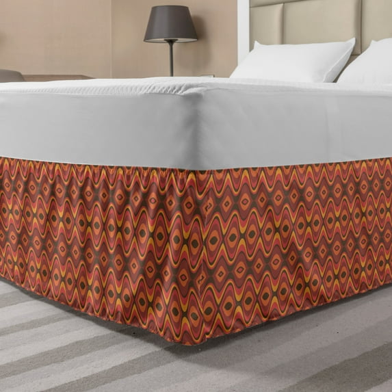 Geometric Bed Skirt, Folk Horizontal Traditional Stripes Wavy Hippie Print, Elastic Bedskirt Dust Ruffle Wrap Around for Bedding Decor, 4 Sizes, Dark Coral Dried Rose, by Ambesonne