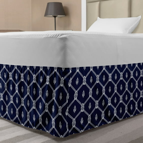 Geometric Bed Skirt, Ornamental Nautical Themed Image with Marine Motifs Ropes Aquatic Elements, Elastic Bedskirt Dust Ruffle Wrap Around for Bedding Decor, 4 Sizes, Dark Blue White, by Ambesonne
