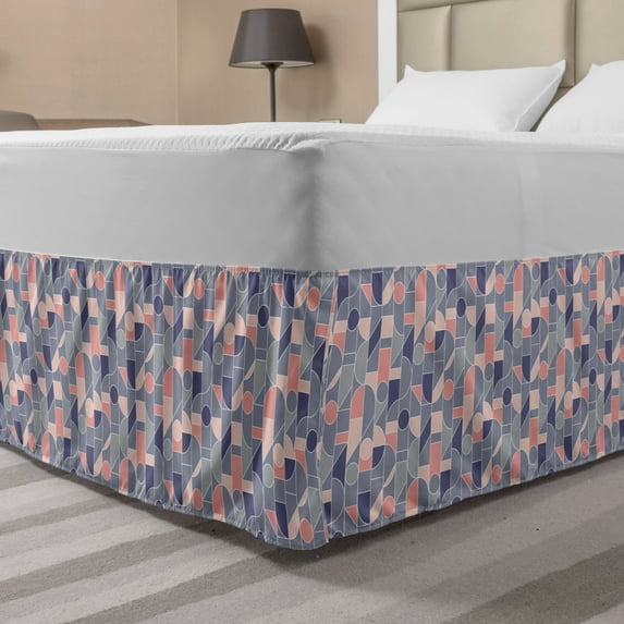 Geometric Bed Skirt, Retro Style Whimsical Shapes in Different Tones Surreal Abstract Ornaments, Elastic Bedskirt Dust Ruffle Wrap Around for Bedding Decor, 4 Sizes, Multicolor, by Ambesonne