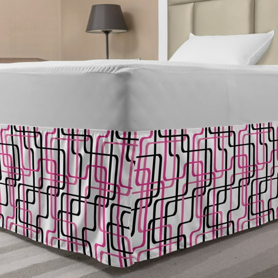 Geometric Bed Skirt, Sixties Inspired Wavy Lines Vibrant Image Curved Stripes Funky Pattern, Elastic Bedskirt Dust Ruffle Wrap Around for Bedding Decor, 4 Sizes, Hot Pink White Black, by Ambesonne