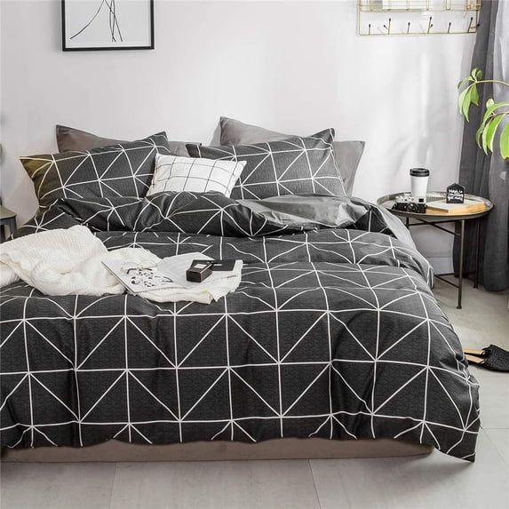Geometric Bedding Duvet Cover Set - White Triangle Printed in Black 100% Natural Cotton with 3 Pieces Ultra Soft Breathable Comforter Cover (Triangle Black, Queen)…