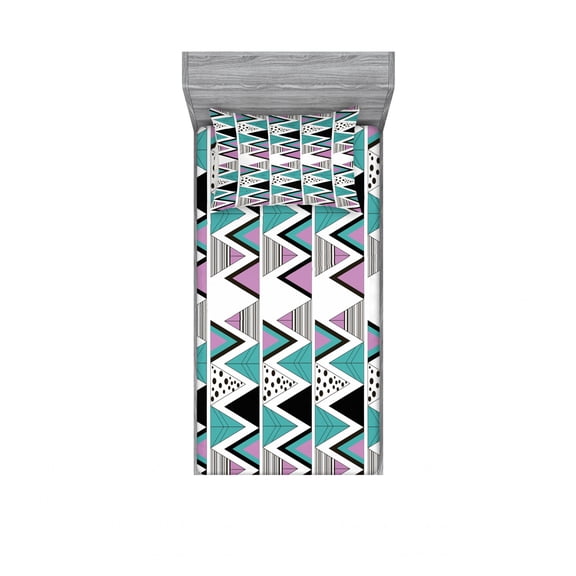 Ambesonne Geometric Fitted Sheet & Pillow Sham Set, 80s Memphis Zigzag, Twin, Lavender Cadet Blue