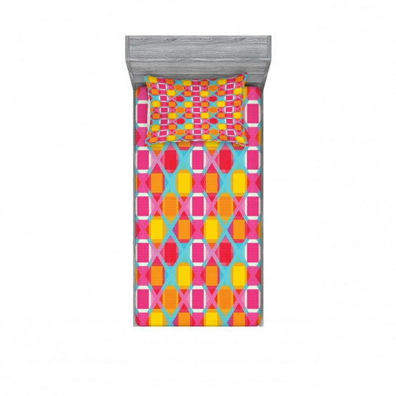 Geometric Bedding Set with Sheet & Covers, Abstract Colorful Lines with Checkered Style Grid Background Grunge Composition, Printed Bedroom Decor 2 Shams, 4 Sizes, Multicolor, by Ambesonne