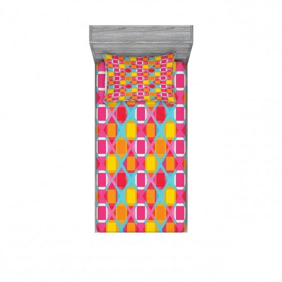 Geometric Bedding Set with Sheet & Covers, Abstract Colorful Lines with Checkered Style Grid Background Grunge Composition, Printed Bedroom Decor 2 Shams, 4 Sizes, Multicolor, by Ambesonne