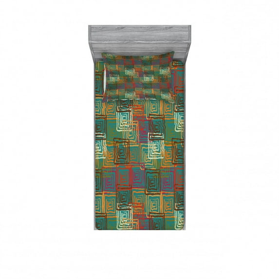 Geometric Bedding Set with Sheet & Covers, Abstract Grunge Pattern with Folk Rainbow Ornament Squares Distressed Backdrop, Printed Bedroom Decor 2 Shams, 4 Sizes, Multicolor, by Ambesonne