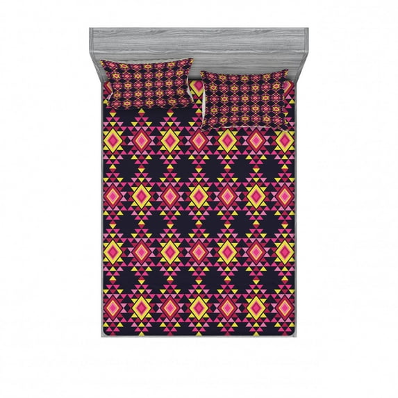 Geometric Bedding Set with Sheet & Covers, Angular Triangular Motifs with Bullseye Rhombuses Pattern, Printed Bedroom Decor 2 Shams, 4 Sizes, Multicolor, by Ambesonne
