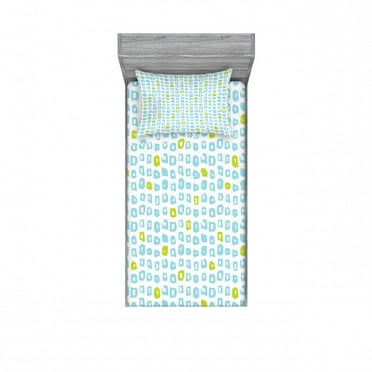 Geometric Bedding Set with Sheet & Covers, Brush Marks Memphis Inspired Squares Pattern Bicolor Retro Composition, Printed Bedroom Decor 2 Shams, 4 Sizes, Pale Blue and Green, by Ambesonne