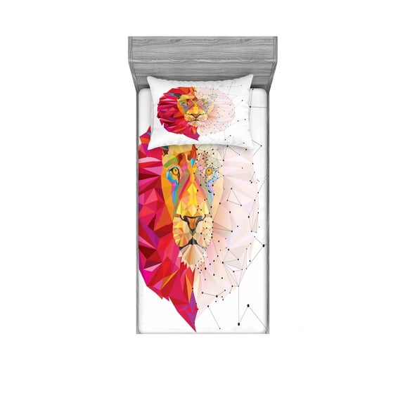 Geometric Bedding Set with Sheet & Covers, Lion Head Art Geometric Graphic in Digital Triangle Rainbow Retro Style, Printed Bedroom Decor 2 Shams, 4 Sizes, White Pink Orange, by Ambesonne