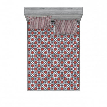 Ambesonne Geometric Fitted Sheet & Pillow Sham Set, Middle Eastern, Full, Vermilion Slate Blue
