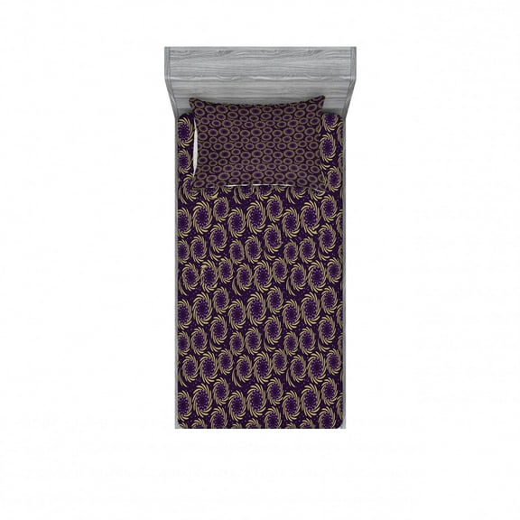 Geometric Bedding Set with Sheet & Covers, Tiny Leaves and Blueberries Forming Whirpool Pattern, Printed Bedroom Decor 2 Shams, 4 Sizes, Avocado Green Lavender, by Ambesonne