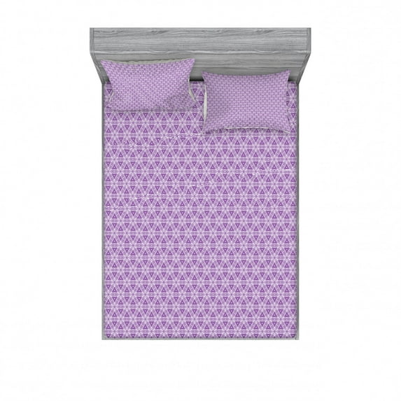 Geometric Bedding Set with Sheet & Covers, Triangular Shapes Forming Effect Repeating Pattern Monochrome Lattice Art, Printed Bedroom Decor 2 Shams, 4 Sizes, Violet and White, by Ambesonne
