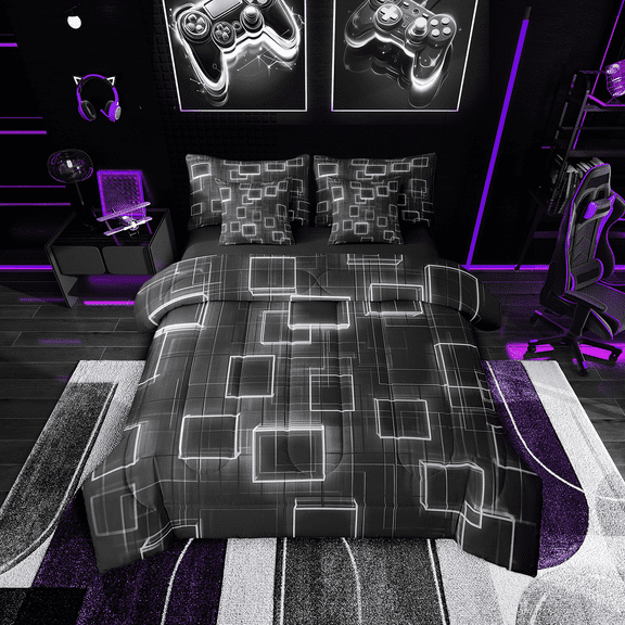 Geometric Bedding Set Twin Size,Black Gray Neon Light Sheet Set Room Decor,Gradient Cubes Plaid Grid Lines Comforter 7 Pieces Modern Art Bed Set