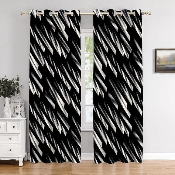 Geometric Bedroom Curtains, Trendy Diagonal Lines Black And White Blackout Curtain Polyester Grommet Window Treatment Drapes For Living Room 26"W x 45"L (Pack of 2)