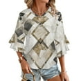 thumbnail image 1 of Geometric Beige Pattern Design Tiles Women's V-Neck Blouse With 3/4 Ruffled Bell Sleeves Casual Top Ladies Blouses, 1 of 7