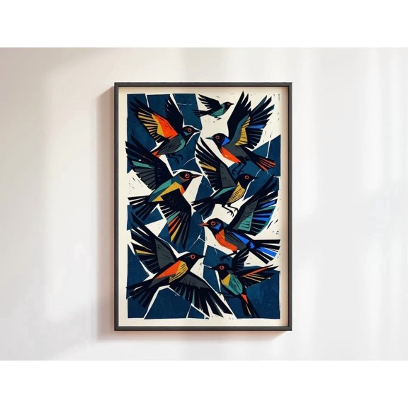 Geometric Bird Flock Wall Art Colorful Home Decor Unframed Paper Print
